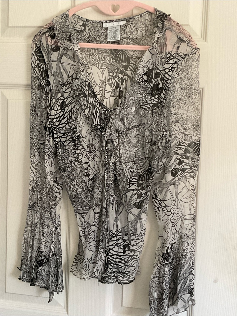 Ice Black & White Floral Tie-Front Sheer Blouse - Picture 1 of 3